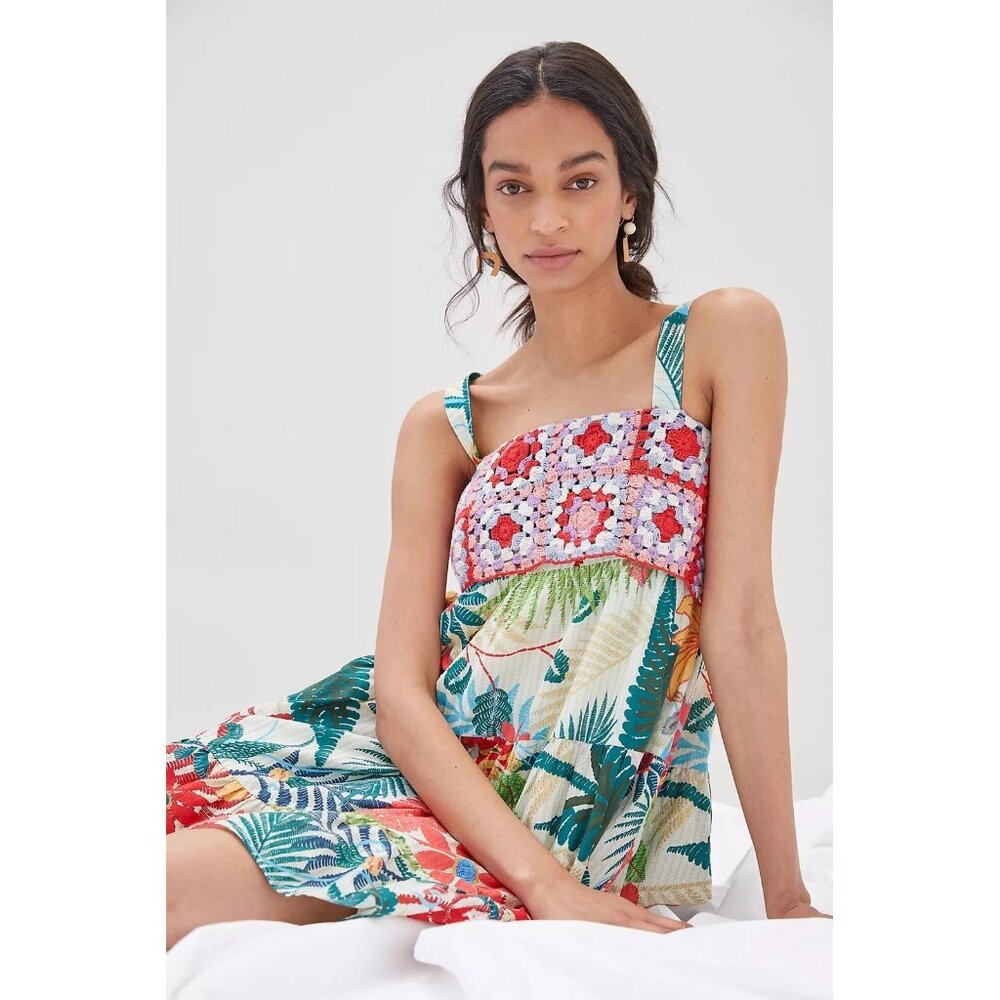 Farm Rio Anthropologie crochet tiered mini dress